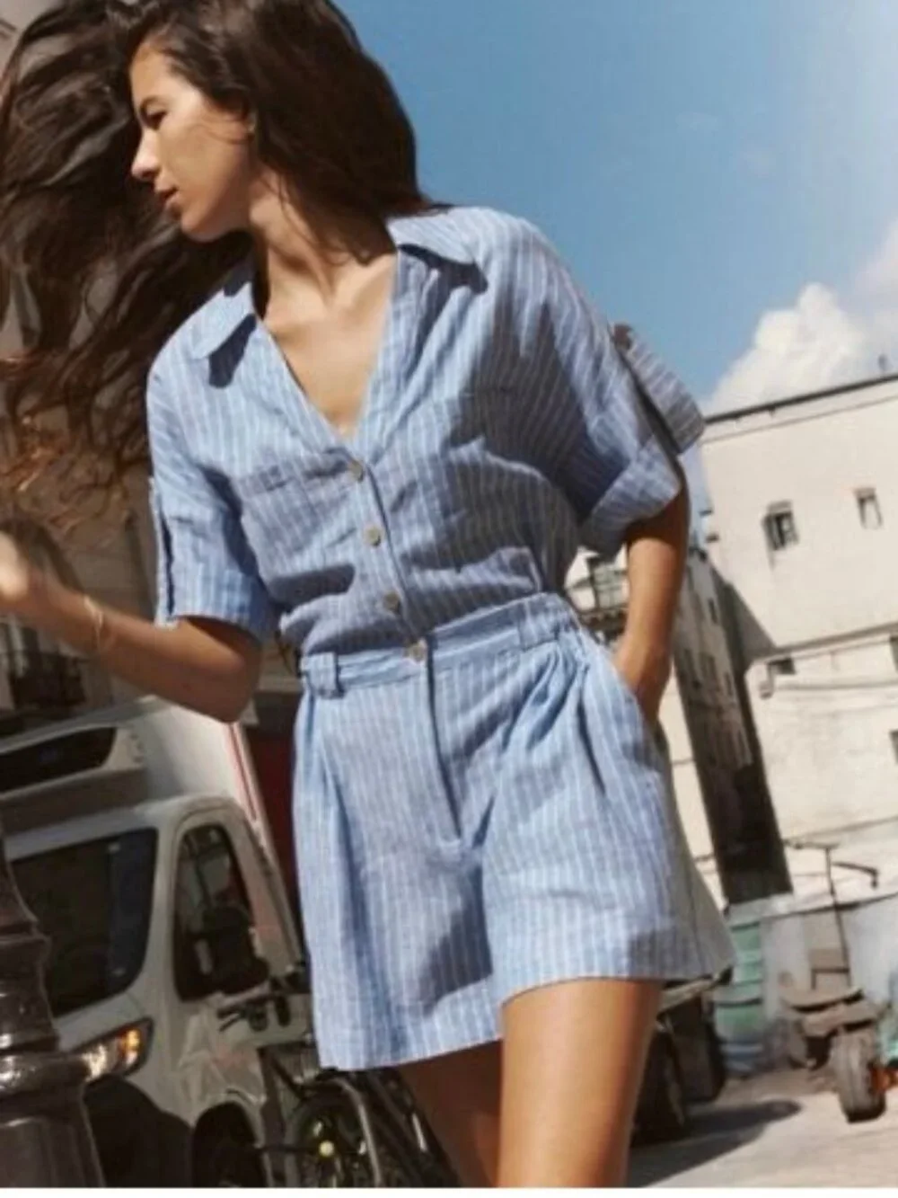 Zara Striped Linen Blend Short Romper Blue White Roll Tab Size Medium